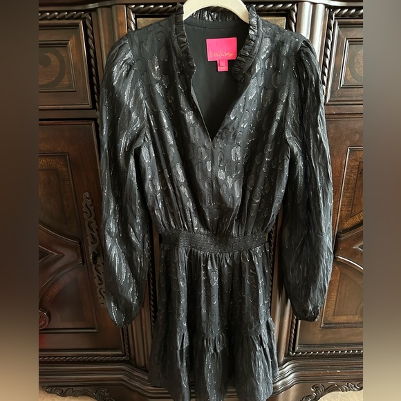 Lilly Pulitzer Womens avelynn silk dress Size 2 Onyx Seeing Spots Metalic Clip - Picture 2 of 7